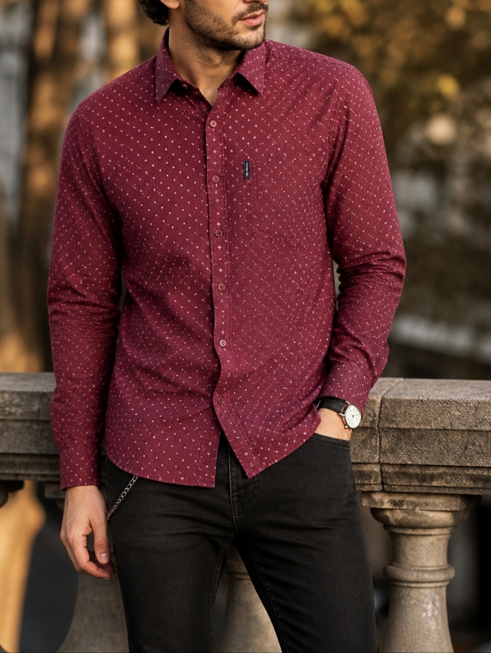 Ben Sherman Burgundy Polka Dot Button-Up Shirt 100% Cotton Slim Fit Mod Casual